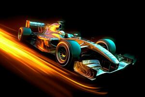 Fast racing car and pilot in formula one champion competitions with speed and flame. Motorsport car concept by AI Generated photo