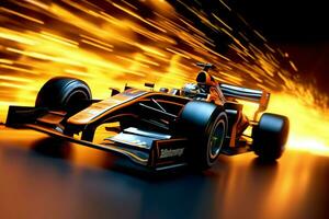 Fast racing car and pilot in formula one champion competitions with speed and flame. Motorsport car concept by AI Generated photo