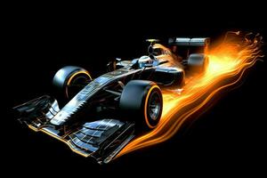 Fast racing car and pilot in formula one champion competitions with speed and flame. Motorsport car concept by AI Generated photo