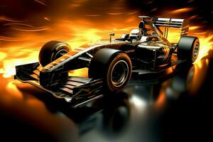 Fast racing car and pilot in formula one champion competitions with speed and flame. Motorsport car concept by AI Generated photo