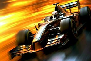 Fast racing car and pilot in formula one champion competitions with speed and flame. Motorsport car concept by AI Generated photo