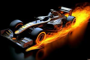 Fast racing car and pilot in formula one champion competitions with speed and flame. Motorsport car concept by AI Generated photo