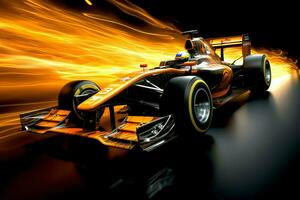 Fast racing car and pilot in formula one champion competitions with speed and flame. Motorsport car concept by AI Generated photo