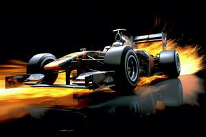 Fast racing car and pilot in formula one champion competitions with speed and flame. Motorsport car concept by AI Generated photo