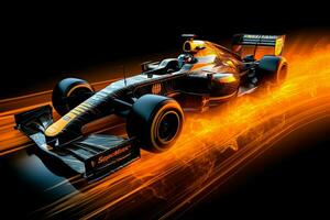 Fast racing car and pilot in formula one champion competitions with speed and flame. Motorsport car concept by AI Generated photo