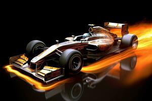 Fast racing car and pilot in formula one champion competitions with speed and flame. Motorsport car concept by AI Generated photo