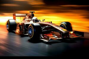 Fast racing car and pilot in formula one champion competitions with speed and flame. Motorsport car concept by AI Generated photo