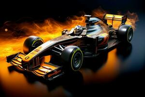 Fast racing car and pilot in formula one champion competitions with speed and flame. Motorsport car concept by AI Generated photo