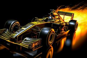 Fast racing car and pilot in formula one champion competitions with speed and flame. Motorsport car concept by AI Generated photo