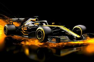 Fast racing car and pilot in formula one champion competitions with speed and flame. Motorsport car concept by AI Generated photo