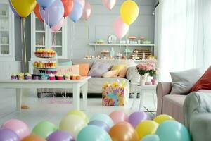 Festive birthday party decorations on table with cake, present boxes and balloons on pastel color concept by AI Generated photo