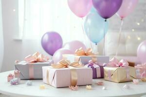 Festive birthday party decorations on table with cake, present boxes and balloons on pastel color concept by AI Generated photo