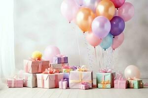 Festive birthday party decorations on table with cake, present boxes and balloons on pastel color concept by AI Generated photo