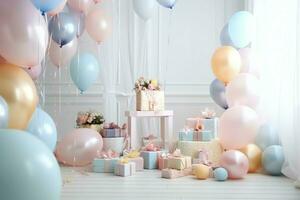 Festive birthday party decorations on table with cake, present boxes and balloons on pastel color concept by AI Generated photo