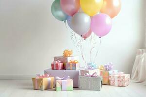 Festive birthday party decorations on table with cake, present boxes and balloons on pastel color concept by AI Generated photo