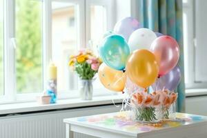 Festive birthday party decorations on table with cake, present boxes and balloons on pastel color concept by AI Generated photo