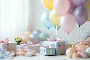 Festive birthday party decorations on table with cake, present boxes and balloons on pastel color concept by AI Generated photo