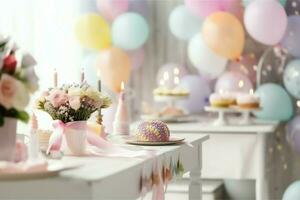 Festive birthday party decorations on table with cake, present boxes and balloons on pastel color concept by AI Generated photo