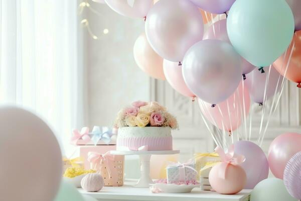 Festive birthday party decorations on table with cake, present boxes and  balloons on pastel color concept by AI Generated 31350990 Stock Photo at  Vecteezy