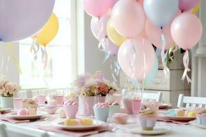 Festive birthday party decorations on table with cake, present boxes and balloons on pastel color concept by AI Generated photo