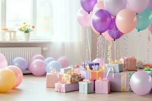 Festive birthday party decorations on table with cake, present boxes and balloons on pastel color concept by AI Generated photo