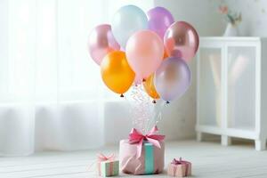 Festive birthday party decorations on table with cake, present boxes and balloons on pastel color concept by AI Generated photo