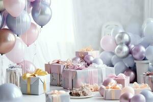 Festive birthday party decorations on table with cake, present boxes and balloons on pastel color concept by AI Generated photo