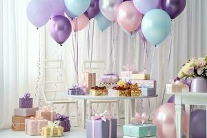 Festive birthday party decorations on table with cake, present boxes and balloons on pastel color concept by AI Generated photo