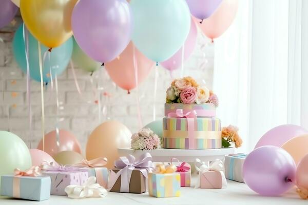 Festive birthday party decorations on table with cake, present boxes and  balloons on pastel color concept by AI Generated 31350990 Stock Photo at  Vecteezy