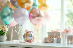 Festive birthday party decorations on table with cake, present boxes and balloons on pastel color concept by AI Generated photo