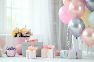 Festive birthday party decorations on table with cake, present boxes and balloons on pastel color concept by AI Generated photo