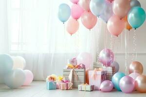 Festive birthday party decorations on table with cake, present boxes and balloons on pastel color concept by AI Generated photo