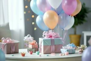 Festive birthday party decorations on table with cake, present boxes and balloons on pastel color concept by AI Generated photo