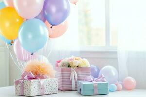 Festive birthday party decorations on table with cake, present boxes and balloons on pastel color concept by AI Generated photo