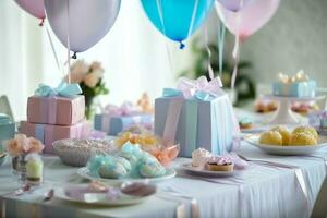 Festive birthday party decorations on table with cake, present boxes and balloons on pastel color concept by AI Generated photo