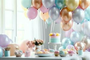 Festive birthday party decorations on table with cake, present boxes and balloons on pastel color concept by AI Generated photo