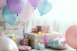 Festive birthday party decorations on table with cake, present boxes and balloons on pastel color concept by AI Generated photo