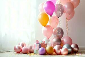 Festive birthday party decorations on table with cake, present boxes and balloons on pastel color concept by AI Generated photo