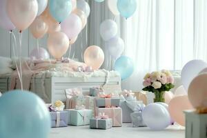 Festive birthday party decorations on table with cake, present boxes and balloons on pastel color concept by AI Generated photo