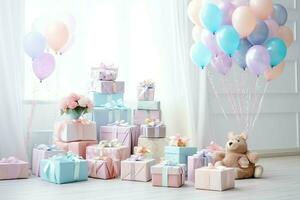 festivo cumpleaños fiesta decoraciones en mesa con pastel, presente cajas y globos en pastel color concepto por ai generado foto