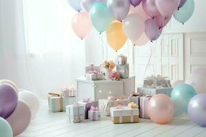 Festive birthday party decorations on table with cake, present boxes and balloons on pastel color concept by AI Generated photo