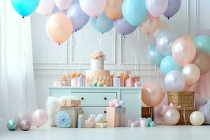 Festive birthday party decorations on table with cake, present boxes and balloons on pastel color concept by AI Generated photo