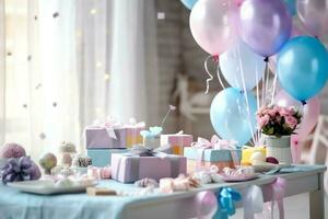 Festive birthday party decorations on table with cake, present boxes and balloons on pastel color concept by AI Generated photo