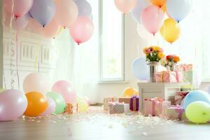 Festive birthday party decorations on table with cake, present boxes and balloons on pastel color concept by AI Generated photo