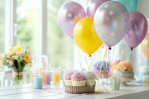 Festive birthday party decorations on table with cake, present boxes and balloons on pastel color concept by AI Generated photo