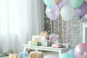 Festive birthday party decorations on table with cake, present boxes and balloons on pastel color concept by AI Generated photo