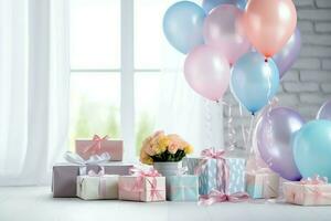 Festive birthday party decorations on table with cake, present boxes and balloons on pastel color concept by AI Generated photo