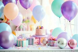 Festive birthday party decorations on table with cake, present boxes and balloons on pastel color concept by AI Generated photo