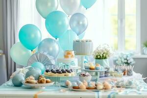 Festive birthday party decorations on table with cake, present boxes and balloons on pastel color concept by AI Generated photo