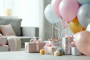 Festive birthday party decorations on table with cake, present boxes and balloons on pastel color concept by AI Generated photo